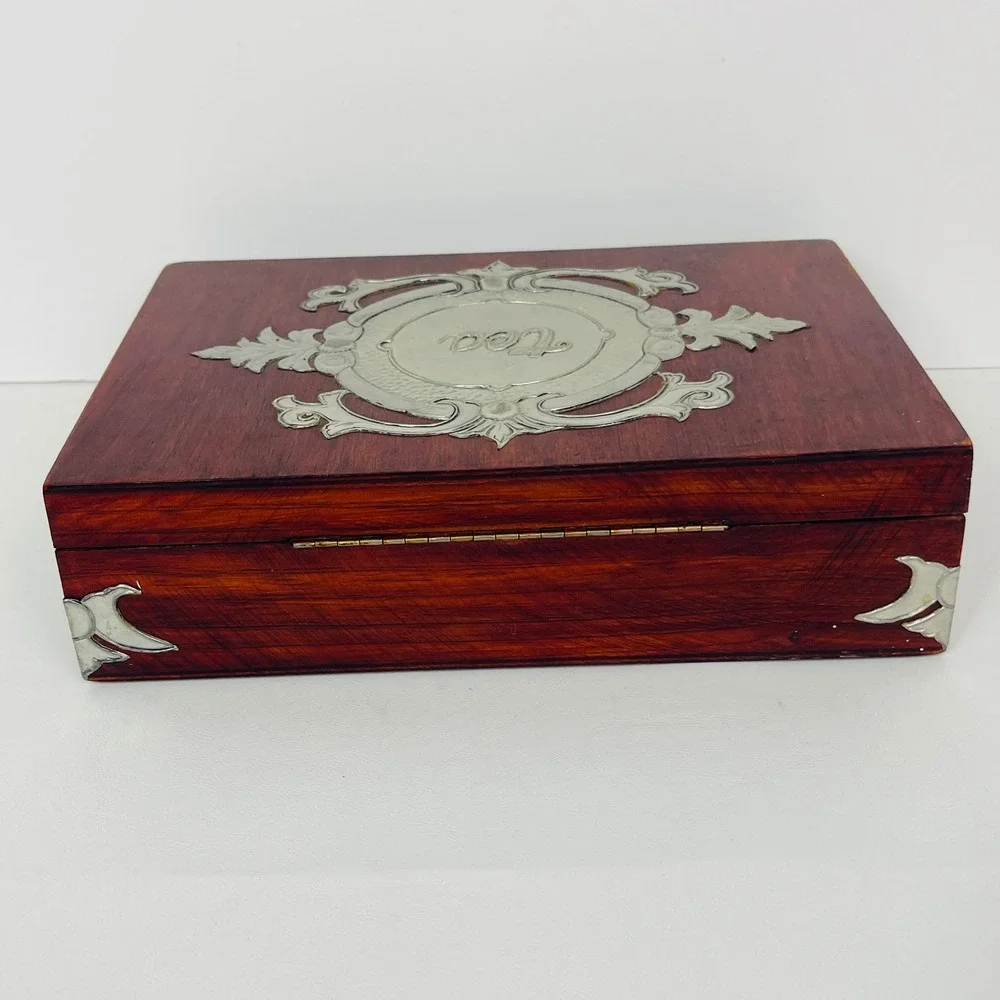 Vintage Wood Tea Storage Box Chest Brown Silver Embossed Metal Overlay Divided